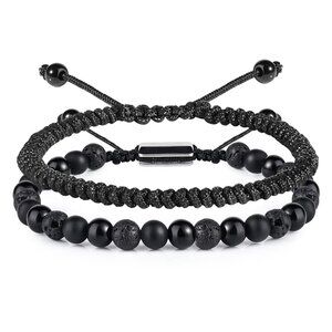 Black Beaded Bracelets for Men Boys - 6mm Obsidian Onyx Lava Beads Mens Bracelet